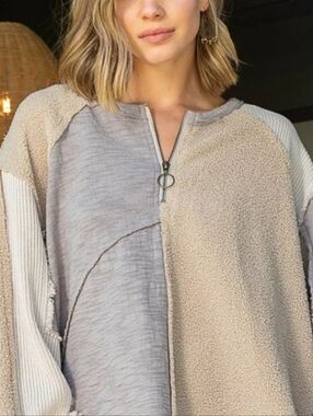 Pol Cozy Two-Tone Sherpa Zip Pullover - Cream & Light Lavender